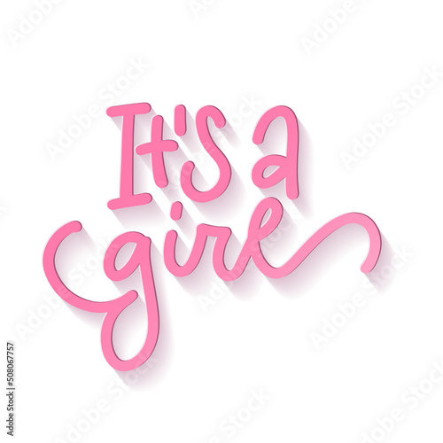 IT'S A GIRL pink monoline calligraphy lettering quote for card and banner. 3d vector isolated illustration with shadow.
