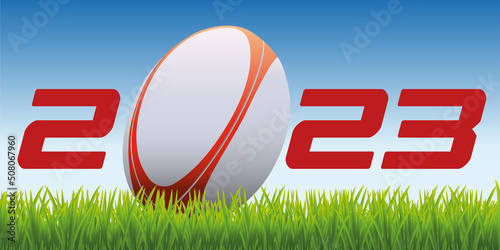 L’année 2023 avec un ballon de rugby posé sur la pelouse d’un terrain pour symboliser le lancement de la nouvelle saison de compétition.