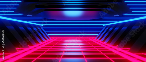 Fototapeta Naklejka Na Ścianę i Meble -  abstract backgound video game of esports scifi gaming cyberpunk, vr virtual reality simulation and metaverse, scene stand pedestal stage, 3d illustration rendering, futuristic neon glow room