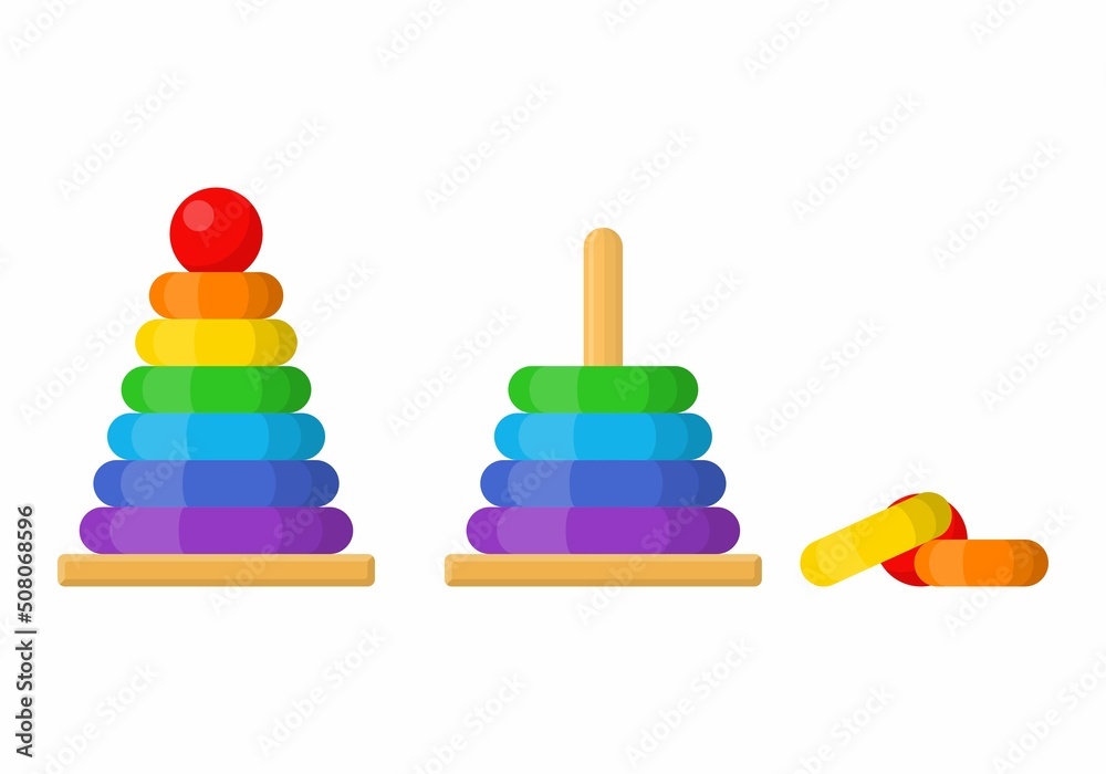 Assembled and disassembled colorful pyramid toy. Building stack up ring tower. Single toddler training educational toy. Fine motor developmen. Vector illustration Assembled and disassembled colorful pyramid toy. Building stack up ring tower. Single toddler training educational toy. Fine motor developmen. Vector illustration