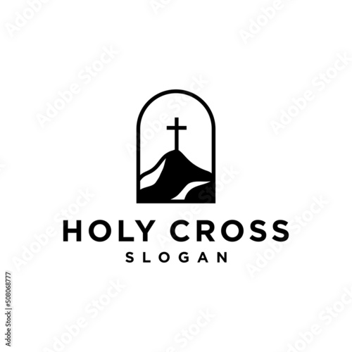 holy cross logo icon .hill and mountain with holy christian cross logo, church of Catholic in nature landscape illustration