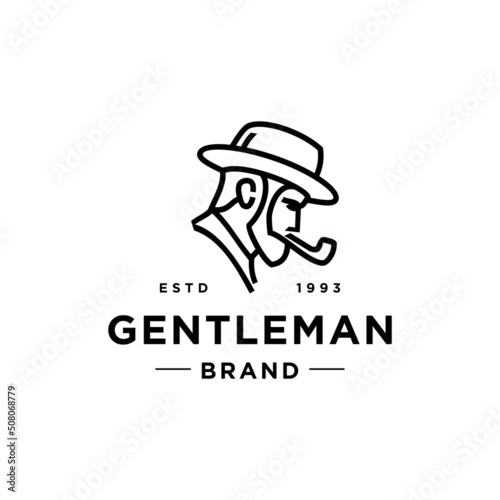 gentlemen logo with smoke pipe. vintage retro classic gentleman with bow hat in victorian style. man logo in trendy outline line logo vector icon 