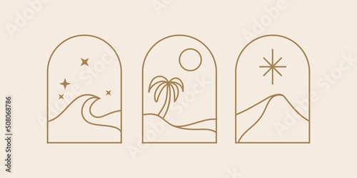 landscape nature vector in boho arch style illustration. Modern minimalist abstract aesthetic illustrations. Bohemian style wall decor. Collection of contemporary artistic posters wall art.