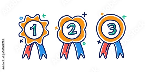 winner medal doodle Illustration vector. 1st 2nd 3rd medal first place second third award winner badge guarantee winning prize ribbon symbol sign icon logo template Vector clip art illustration