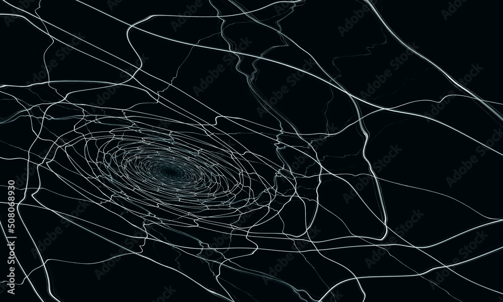 Abstract digital 3d net of tiny veins, streams or lines in mathematical spiral structure. Monochromatic illustration. Concept of crash, broken glass or cracks. White gray cobweb on black background.