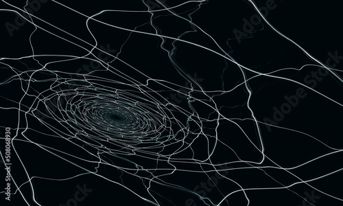 Abstract digital 3d net of tiny veins, streams or lines in mathematical spiral structure. Monochromatic illustration. Concept of crash, broken glass or cracks. White gray cobweb on black background.