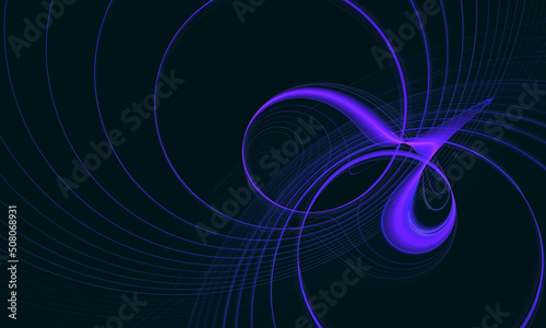 Neon blue ornamental 3d twist of circles springs or rings creates decorative element in deep dark space. Concept of digital sound, galactic fantasy. Great as background, cover print for electronics.