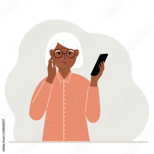 A woman looks at a mobile phone. A woman looks sadly at the phone he holds in his hand. Vector