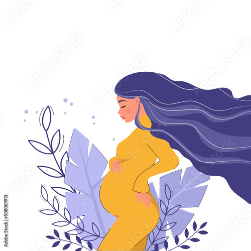 Poster of a beautiful pregnant girl against a background of abstract leaves on a white background
