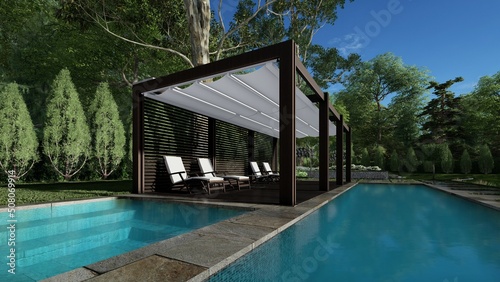 Backyard landscaping. The pool is large and the second is not deep and small. Pergola with sun loungers. Trees in the background. stone tiles on the ground. 3d rendering.