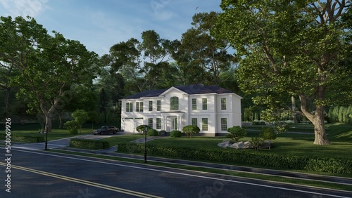 House project. Cottage design in 3D graphics. The facade is made in the style of Neoclassicism Architecture. Located among large trees in the suburbs. 3d rendering.