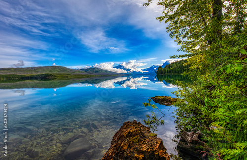Lake McDonald in Glacier National Park with rock and sky reflection.