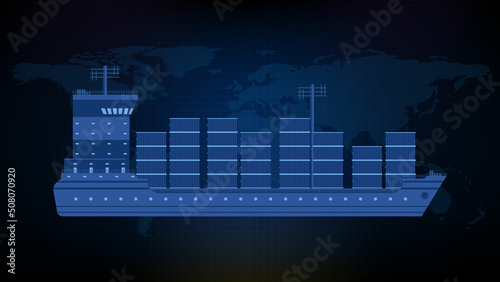 abstract blue background of side view shipping container cargo ship with world map