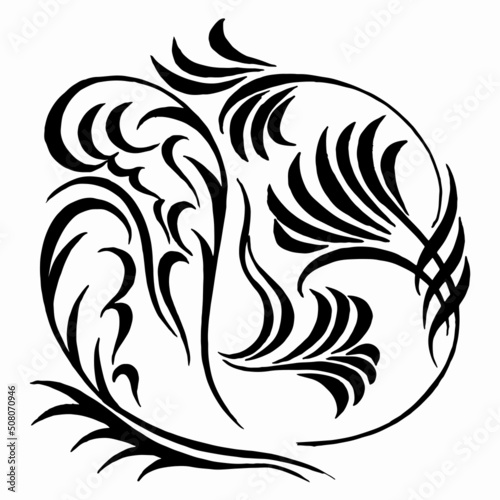Decorative ornament of abstract flowers calligraphy. Hand drawn line pattern. Black and white leaf tracery.