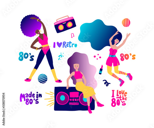 80s party people cartoon gradient character set and lettering collection. Vector illustration
