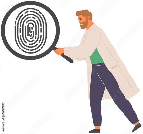 Man looking at black and white finger print with search loupe. Scientist examines evidence of crime. Male near fingerprint of suspect under magnifying glass. Analytics and research for consequence