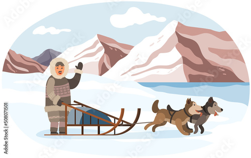 Eskimo on sleigh with husky dogs rides through desert and snowy forests. Man in warm clothes living in Arctic. Landscape with mountains, beautiful view of pole. Polar region nature, winter scenery