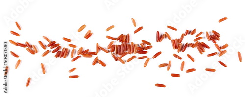 Red wild rice pile isolated on white, top view