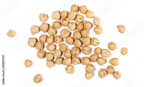 Raw chickpeas pile isolated on white, top view 