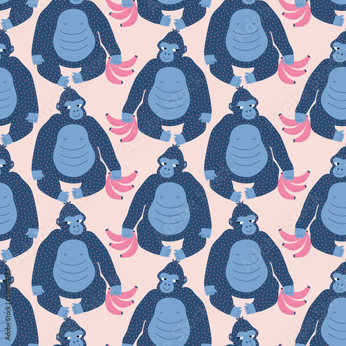 Happy blue gorillas and bananas hand drawn vector illustration. Funny safari animals seamless pattern for kids fabric or wallpaper.