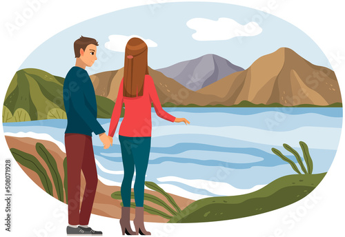 Family walking on shore. People in love spending time together on beach. Couple in relationship walks by handle near lake or river. Guy and girl communicate and relax looking on nature landcape