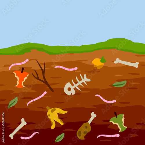 Compost soil. Layer of earth in section with worms. Farming and food waste