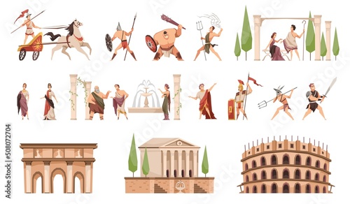 Ancient rome. Fighters with weapons and civilians, architectural monuments, columns and fountain, coliseum and amphitheater, characters in history traditional clothes vector cartoon flat set