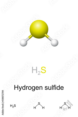 Hydrogen sulfide, ball-and-stick model, molecular and chemical formula. Chemical compound with formula H2S. Trace amounts of the gas in ambient atmosphere has characteristic foul odor of rotten eggs.