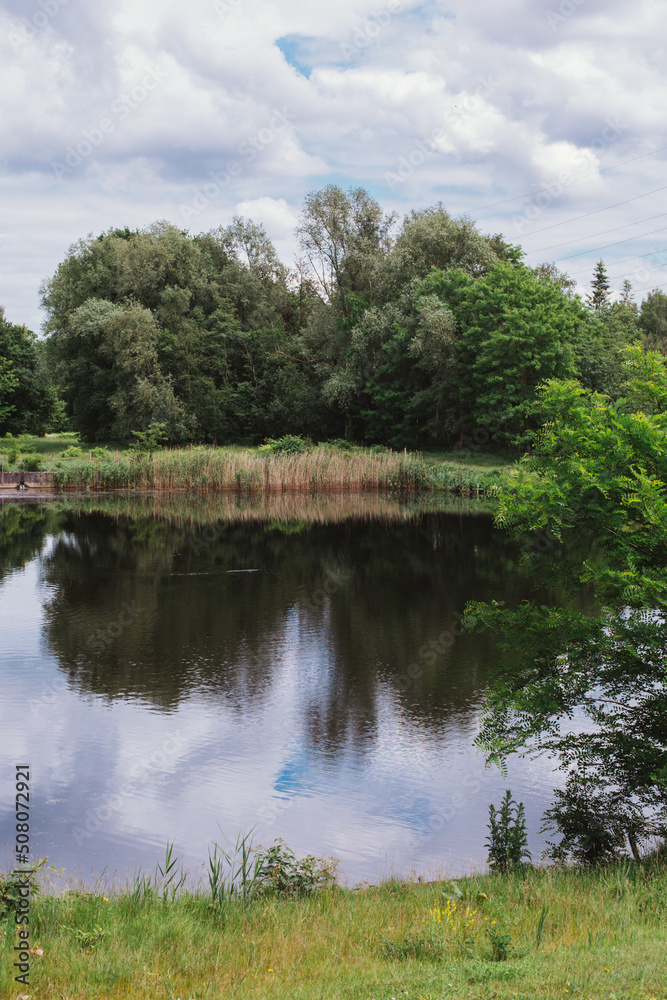 Green forest nature river landscape scene reflective water