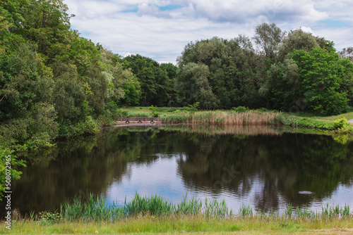 Green forest nature river landscape scene reflective water