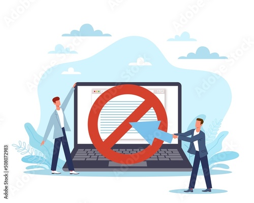 Banned website. Online Warning, laptop with forbidden sign on screen, tiny people, security system, internet browser blocked message, control illegal content vector cartoon flat concept