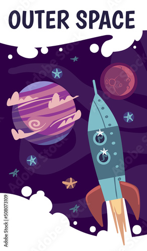 Cartoon space flyer. Celestial objects, spaceship and planets in cosmos, flying rocket, adventure and exploration, futuristic vertical banner, poster or brochure, vector illustration