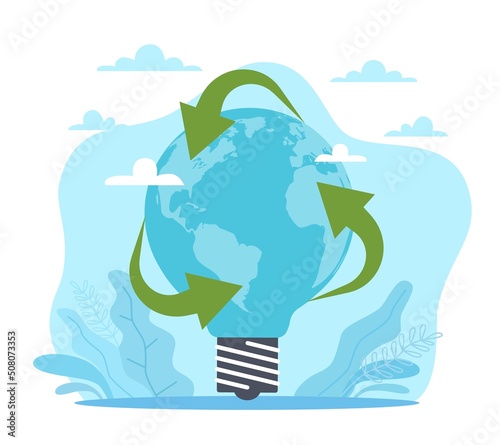 Development of alternative production of renewable energy sources. Light bulb with earth map and recycle sign, green ecological lifestyle, eco technologies vector cartoon flat concept