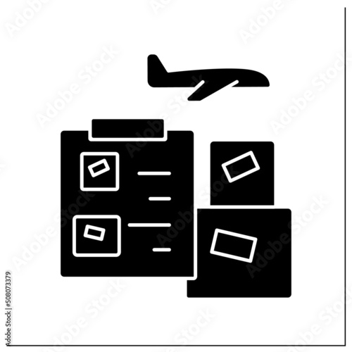 Air waybill glyph icon. Document accompanies goods shipped by an international air courier. Information about shipment.Import and export.Filled flat sign. Isolated silhouette vector illustration
