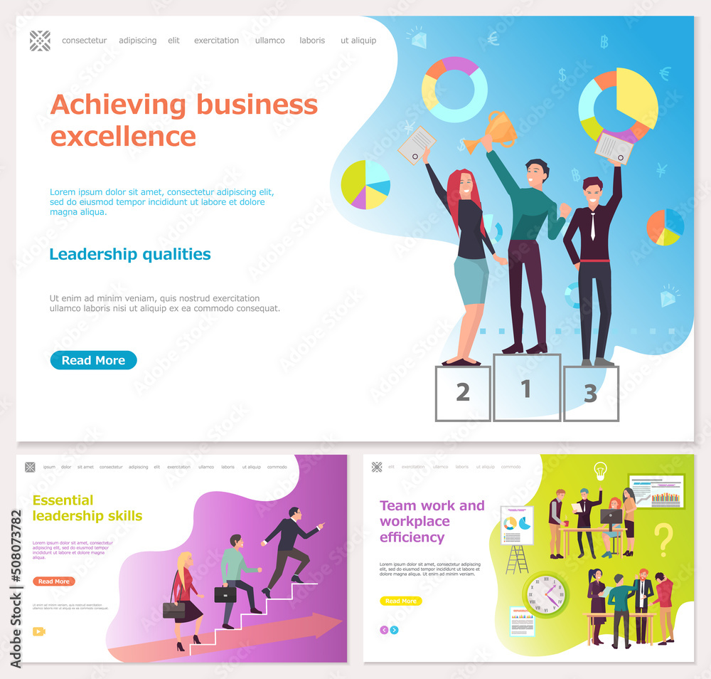 Essential leadership skills, achieving business excellence, team work and workplace efficiency concept. Business website landing page template. Desire to achieve victory, reach success in work