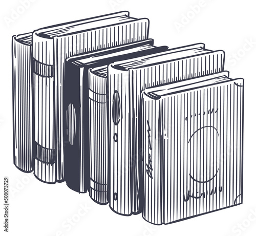 Hand drawn book. Stack of books on shelf in engraving style, dictionary or encyclopedia, library or bookstore, educational or learning, knowledge symbol, vector isolated object