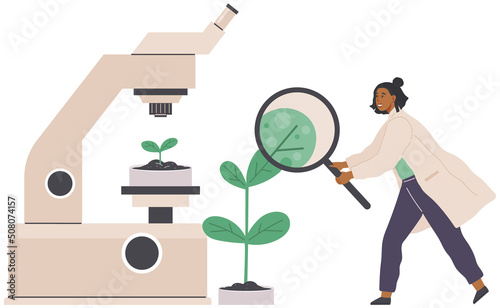 Biologist conducting scientific experiment, chemical research with plant, pharmaceuticals and green pharmacy. Scientist makes laboratory analysis with equipment. Idea of education chemistry science