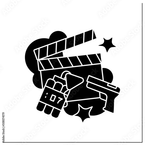 Action movie glyph icon. Film genre. Fast-moving plot, scenes of violence and active actions. Guns, dynamite, adventure. Movie concept. Filled flat sign. Isolated silhouette vector illustration