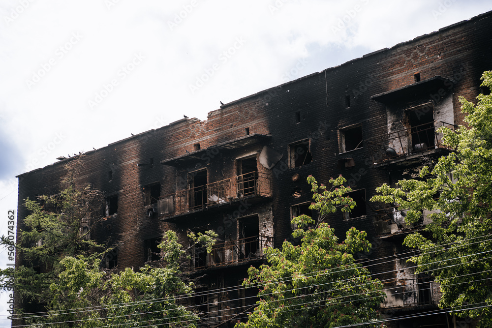 War in Ukraine. A burnt civilian house from the Russian military in the occupied city of Trostyanets. Russian military invasion of Ukraine 2022. War in Ukraine. A burnt civilian house from the Russian military in the occupied city of Trostyanets. Russian military invasion of Ukraine 2022.