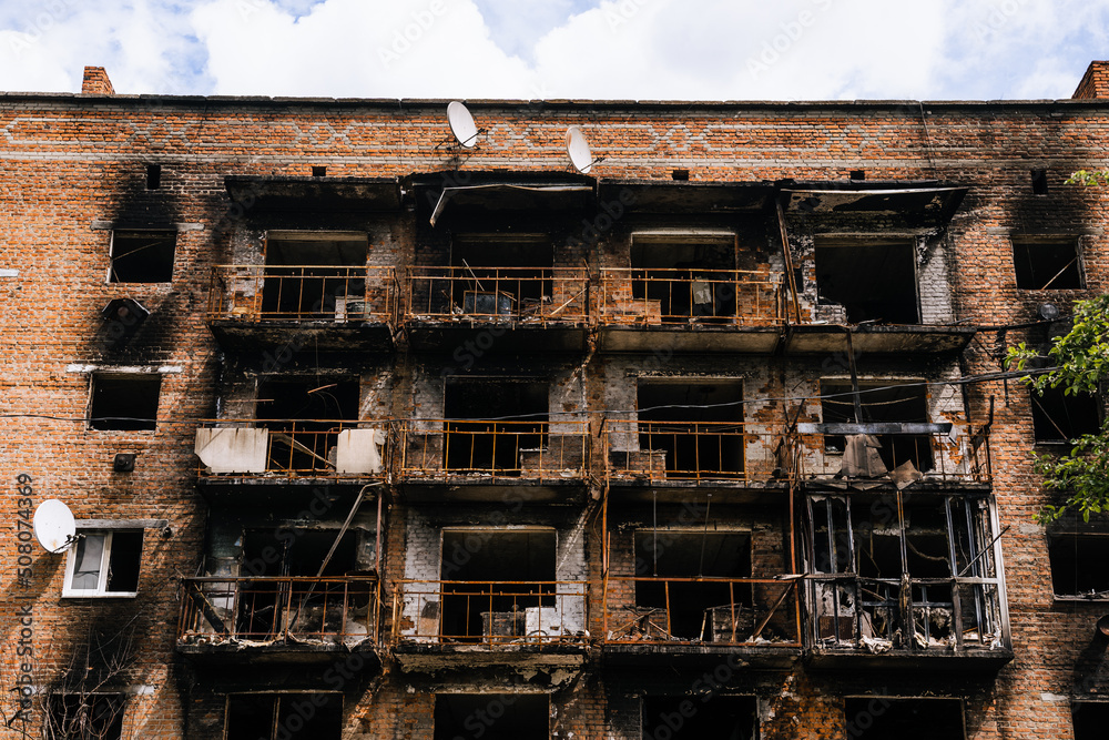 War in Ukraine. A burnt civilian house from the Russian military in the occupied city of Trostyanets. Russian military invasion of Ukraine 2022.