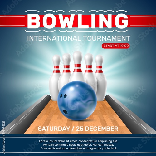 Realistic bowling club poster. Tournament invitation. Ball, pins on alley, competitive group game, sport challenge banner. Entertainment event friendly joint activity, vector 3d concept