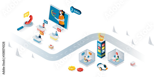 Call center concept 3d isometric web banner. People work at hotline, consultation customers around the clock, tech support solves problems. Vector illustration for landing page and web template design