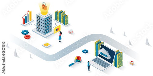 Data center concept 3d isometric web banner. People working in server hardware rooms, administration, processing and support operation. Vector illustration for landing page and web template design
