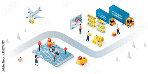 Delivery company concept 3d isometric web banner. People work at warehouse, loading and distribute parcels, clients tracking boxes online. Vector illustration for landing page and web template design