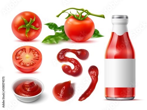 Realistic tomato products. Different 3d natural vegetables, sauce drops and smears, ketchup or juice bottle, whole fruits on twig with leaves and half, cooking ingredients vector isolated set