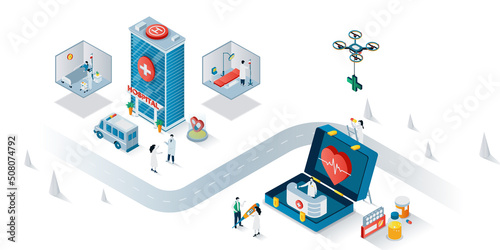 Medical center concept 3d isometric web banner. People go in clinic, receive consultation, patients lying in ward or surgery, ambulance. Vector illustration for landing page and web template design