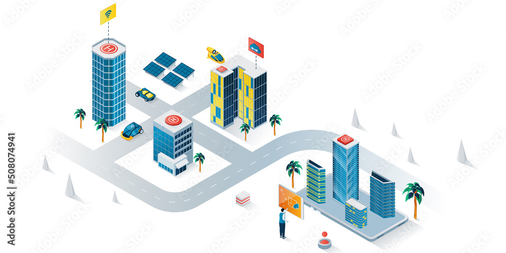 Smart city concept 3d isometric web banner. People use wireless monitoring, security system, smart navigation, eco friendly infrastructure. Vector illustration for landing page and web template design Smart city concept 3d isometric web banner. People use wireless monitoring, security system, smart navigation, eco friendly infrastructure. Vector illustration for landing page and web template design