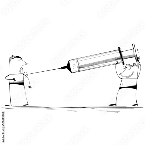 Man injects another with a Giant syringe