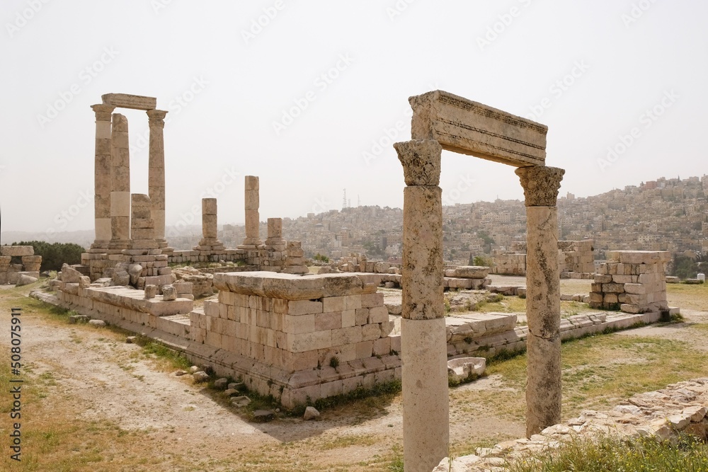 Ruins of Temple of Hercules  in Citadel Jebel Al Qala'a in Amman, Jordan