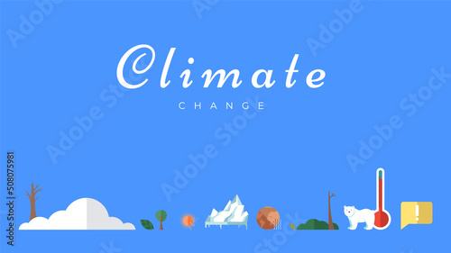 Climate change vector banner template. North Pole, melting glaciers, polar bear on ice floe. Global warming, sea level rise, nature damage. World Environment day. Ecology hazards, air pollution